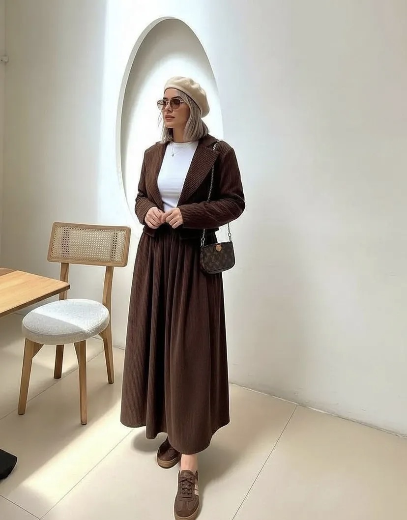 ست دو تیکه کت و دامن مخمل کبریتی درجه یک ترند و مزونی مدل یلدا